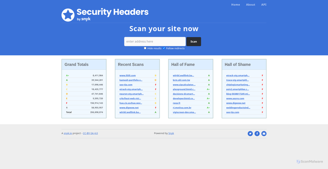 Security scan screenshot of https://securityheaders.com