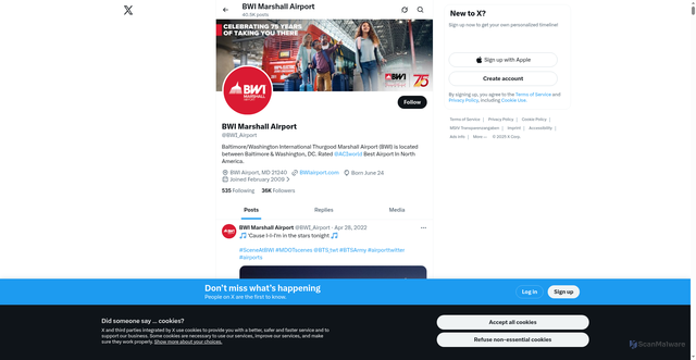 Security scan screenshot of https://www.x.com/BWI_airport