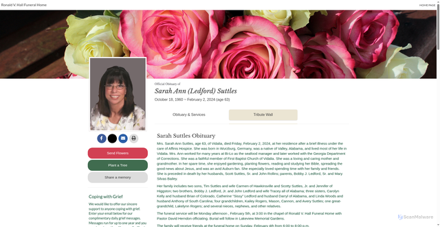 Security scan screenshot of https://www.ronaldvhall.com/obituary/Sarah-Suttles