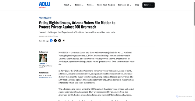 Security scan screenshot of https://www.acluaz.org/press-releases/voting-rights-groups-arizona-voters-file-motion-to-protect-privacy-against-doj-overreach/