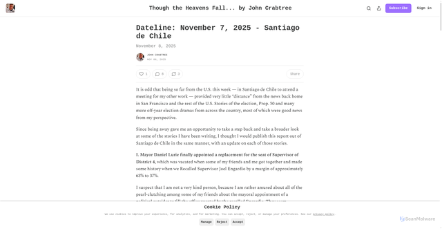 Security scan screenshot of https://crabtreej.substack.com/p/dateline-november-7-2025-santiago
