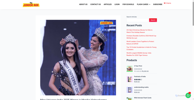 Security scan screenshot of https://thejuniorage.com/education/miss-universe-india-2025-winner-is-manika-vishwakarma/