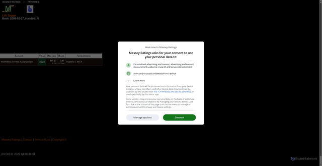 Security scan screenshot of https://masseyratings.com/wta/364707
