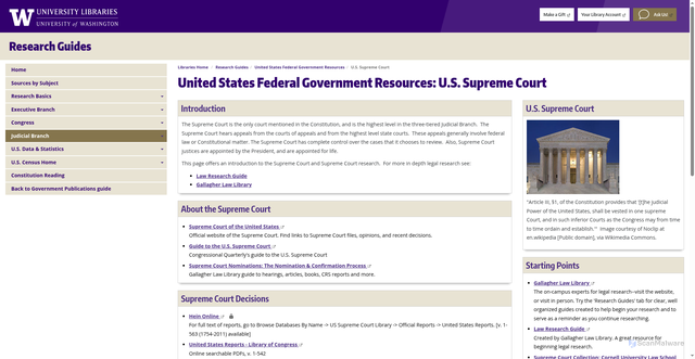 Security scan screenshot of https://guides.lib.uw.edu/research/federal/supreme-court