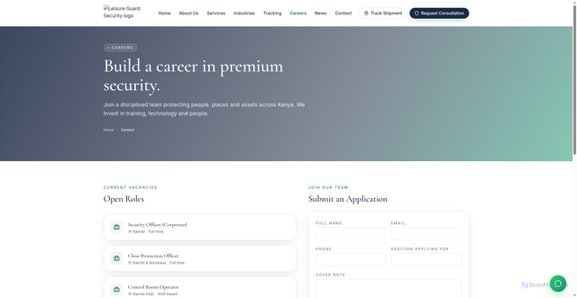 Security scan screenshot of https://leisureguardsecurity.co.ke/careers