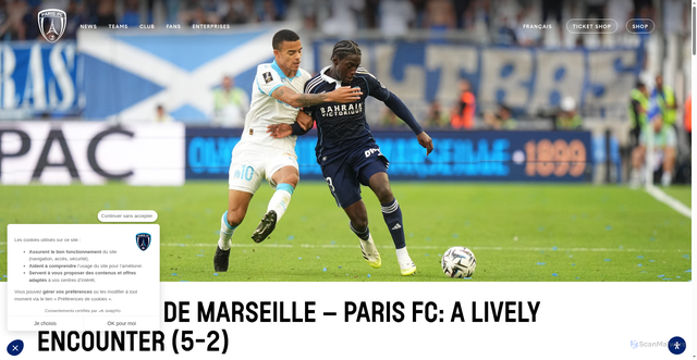 Security scan screenshot of https://parisfc.fr/en/pro-mens-team/olympique-de-marseille-paris-fc-une-rencontre-animee-5-2/