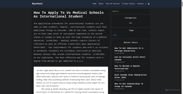Security scan screenshot of https://myschool.pages.dev/design/how-to-apply-to-us-medical-schools-as-international-student/