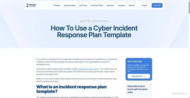 Security scan screenshot of https://managedmethods.com/blog/cyber-incident-response-plan-template/