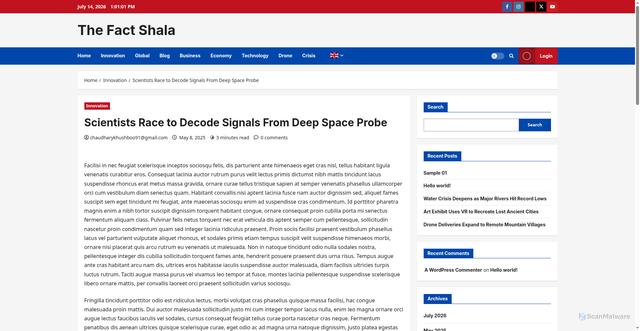 Security scan screenshot of https://thefactshala.com/scientists-race-to-decode-signals-from-deep-space-probe/
