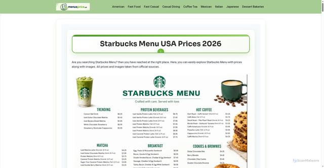 Security scan screenshot of https://menusprice.us/starbucks-menu/