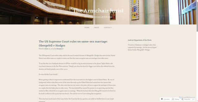 Security scan screenshot of https://thearmchairjurist.com/2015/06/27/the-us-supreme-court-rules-on-same-sex-marriage-obergefell-v-hodges/