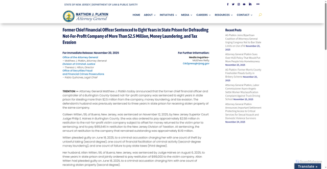 Security scan screenshot of https://www.njoag.gov/former-chief-financial-officer-sentenced-to-eight-years-in-state-prison-for-defrauding-not-for-profit-company-of-more-than-2-5-million-money-laundering-and-tax-evasion/