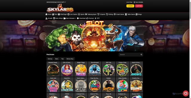 Security scan screenshot of https://ndxskylar88.click/desktop/game/slot/hacksaw