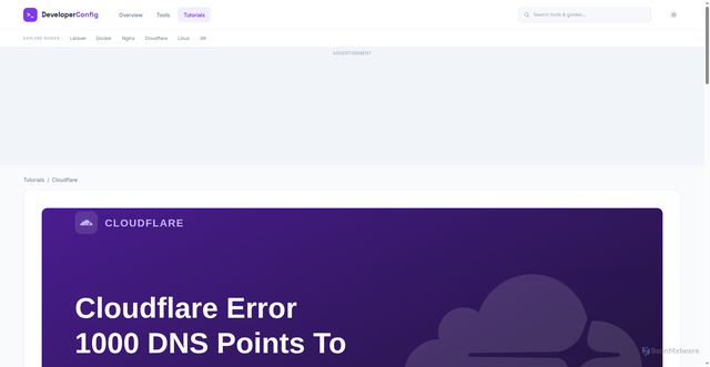 Security scan screenshot of https://configforge.online/tutorials/cloudflare-error-1000-dns-points-to-prohibited-ip