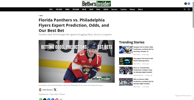Security scan screenshot of https://www.bettorsinsider.com/nhl/2025/01/13/florida-panthers-vs-philadelphia-flyers-expert-prediction-odds-and-our-best-bet