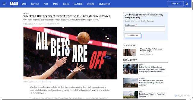 Security scan screenshot of https://www.wweek.com/sports/2025/11/05/the-trail-blazers-start-over-after-the-fbi-arrests-their-coach/