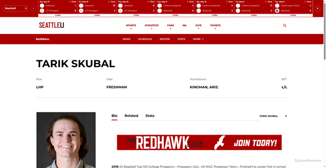 Security scan screenshot of https://goseattleu.com/sports/baseball/roster/player/tarik-skubal