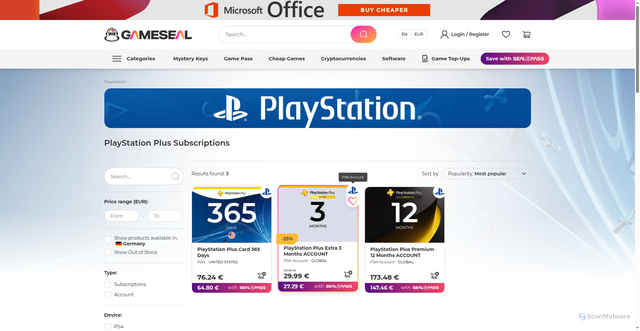 Security scan screenshot of https://gameseal.com/playstation/playstation-plus-subscriptions/