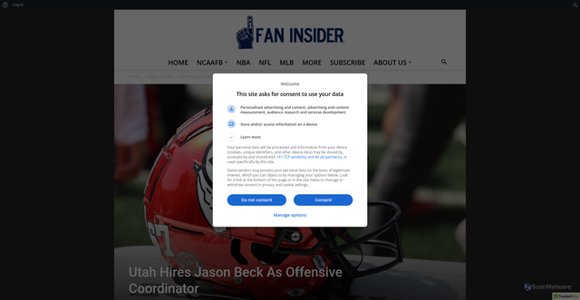 Security scan screenshot of https://fan-insider.com/utah-hires-jason-beck-as-offensive-coordinator/
