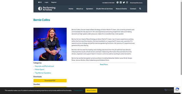 Security scan screenshot of https://performingartistes.co.uk/artistes/bernie-collins