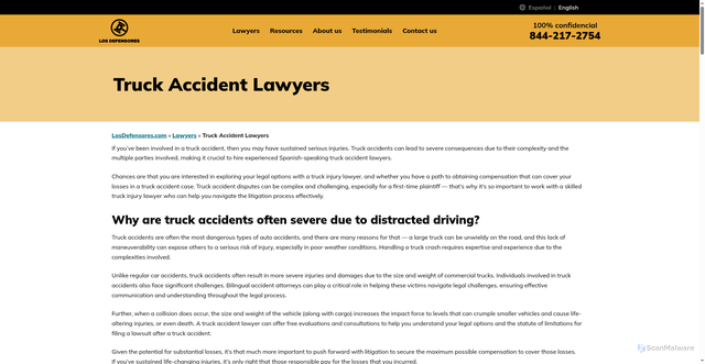 Security scan screenshot of https://www.losdefensores.com/en/lawyers/truck-accident/