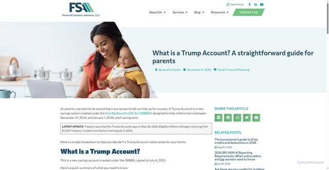 Security scan screenshot of https://financialsolutionadvisors.com/blog/what-is-a-trump-account/