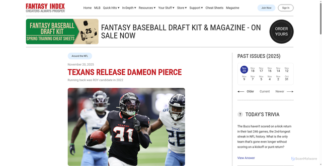 Security scan screenshot of https://fantasyindex.com/2025/11/20/around-the-nfl/texans-release-dameon-pierce