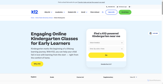 Security scan screenshot of https://www.k12.com/online-public-elementary-school/online-kindergarten/