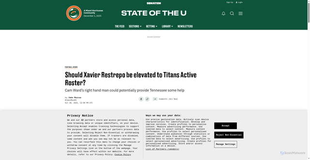 Security scan screenshot of https://www.stateoftheu.com/football-news/80418/should-xavier-restrepo-be-elevated-to-titans-active-roster