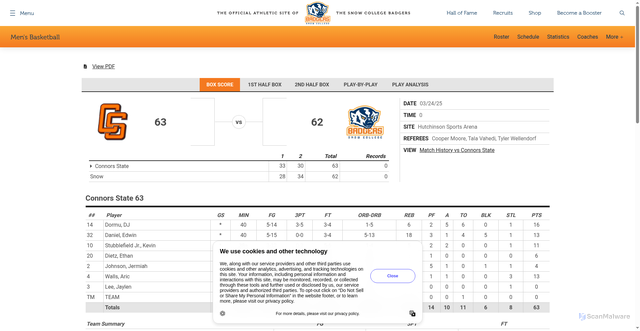 Security scan screenshot of https://snowbadgers.com/sports/mens-basketball/stats/2024-2025/connors-state-college/boxscore/3654