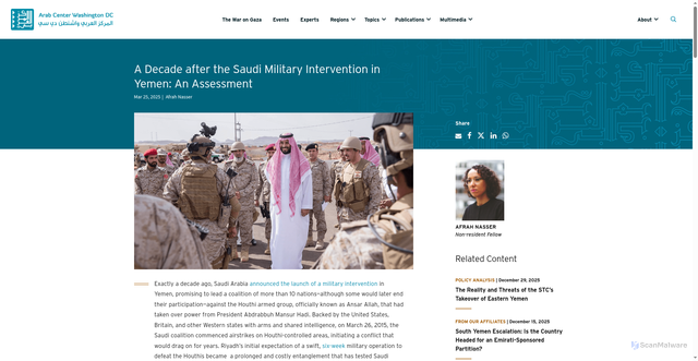 Security scan screenshot of https://arabcenterdc.org/resource/a-decade-after-the-saudi-military-intervention-in-yemen-an-assessment/