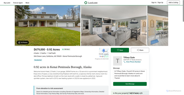 Security scan screenshot of https://www.land.com/property/366-diane-lane-soldotna-alaska-99669/25331354/