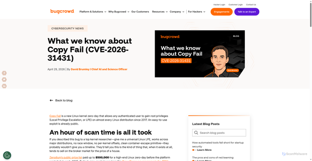 Security scan screenshot of https://www.bugcrowd.com/blog/what-we-know-about-copy-fail-cve-2026-31431/