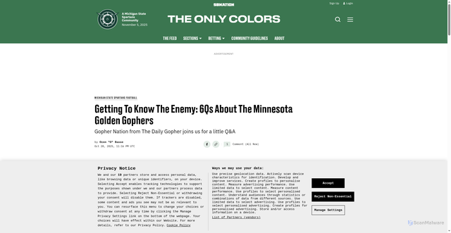 Security scan screenshot of https://www.theonlycolors.com/football/42905/getting-to-know-the-enemy-6qs-about-the-minnesota-golden-gophers