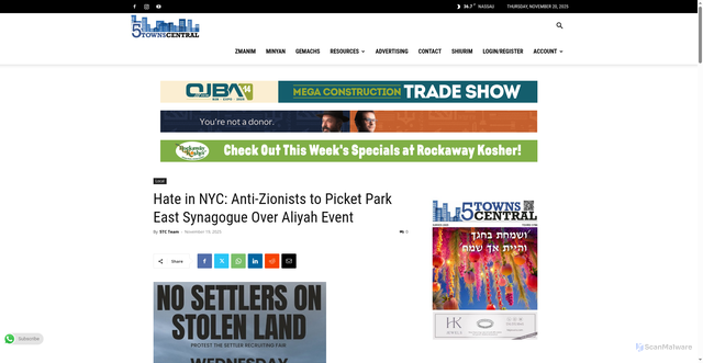Security scan screenshot of https://5townscentral.com/2025/11/19/hate-in-nyc-anti-zionists-to-picket-park-east-synagogue-over-aliyah-event/