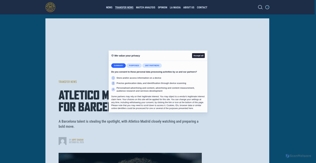 Security scan screenshot of https://managingbarca.com/transfer-news/atletico-madrid-eye-move-for-barcelona-star/