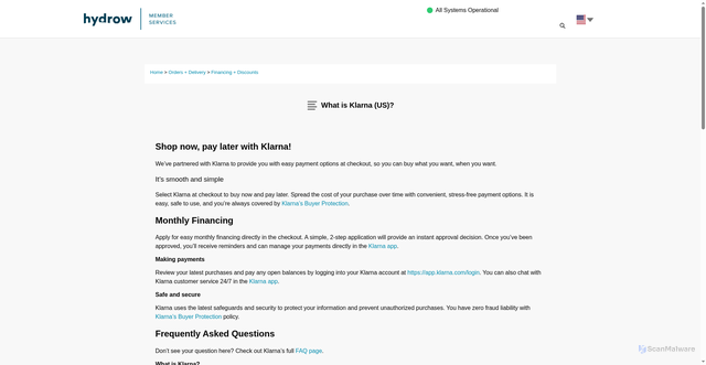 Security scan screenshot of https://hydrow.my.site.com/support/s/article/What-is-Klarna-1651497388362