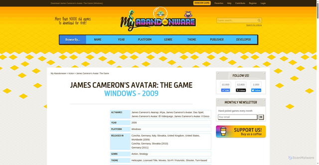 Security scan screenshot of https://www.myabandonware.com/game/james-cameron-s-avatar-the-game-ldn