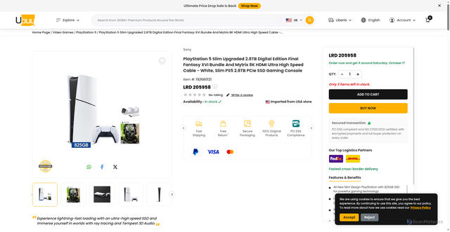 Security scan screenshot of https://www.liberia.ubuy.com/product/T8P670XUE-playstation-5-slim-upgraded-2-8tb-digital-edition-final-fantasy-xvi-bundle-and-mytrix-8k-hdmi-ultra-high-speed-cable-white-slim-ps5-2-8tb-pcie-ssd