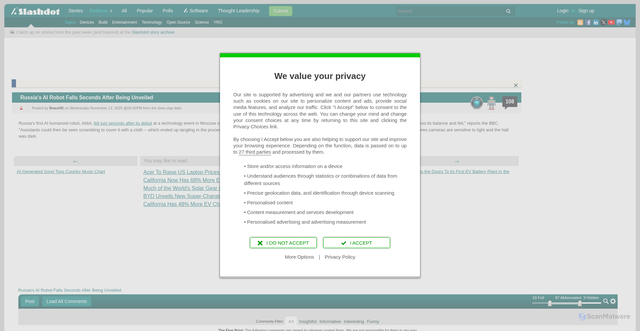 Security scan screenshot of https://hardware.slashdot.org/story/25/11/12/2327202/russias-ai-robot-falls-seconds-after-being-unveiled