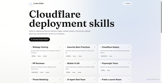 Security scan screenshot of https://codex-skills.pages.dev/use-cases/cloudflare-deployment