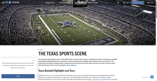 Security scan screenshot of https://www.traveltexas.com/articles/post/the-texas-sports-scene/