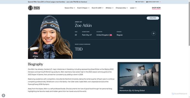 Security scan screenshot of https://thesnowleague.com/athlete/women-skiing-zoe-atkin/