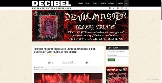 Security scan screenshot of https://decibelmagazine.com/2016/09/21/entombed-announce-pledgemusic-campaign-for-release-of-dual-clandestine-concerts-hint-at-new-material/