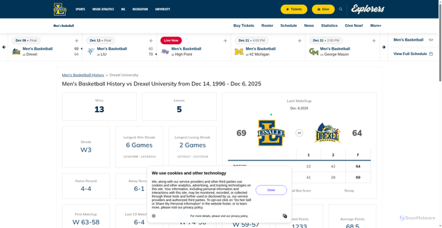 Security scan screenshot of https://goexplorers.com/sports/mens-basketball/opponent-history/drexel/2