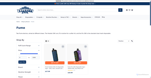 Security scan screenshot of https://vapecityusa.com/shop-by-brand/fume?srsltid=AU7gw4VwmXBY3beQPTA9SyMvsx2KThX21IHB_N1yxqKfSmbANhpQg7jo