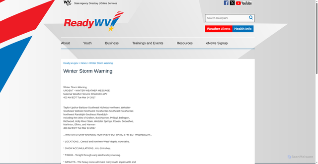 Security scan screenshot of https://ready.wv.gov/news/Pages/Winter-Storm-Warning.aspx