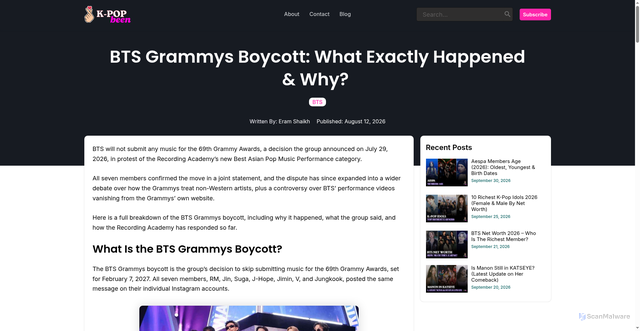 Security scan screenshot of https://kpopbeen.com/bts-grammys-boycott/