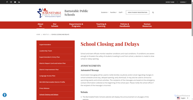 Security scan screenshot of https://www.barnstable.k12.ma.us/about-us/school-closing-and-delays