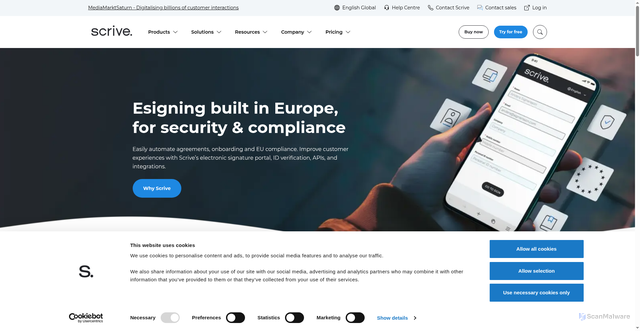 Security scan screenshot of https://www.scrive.com/